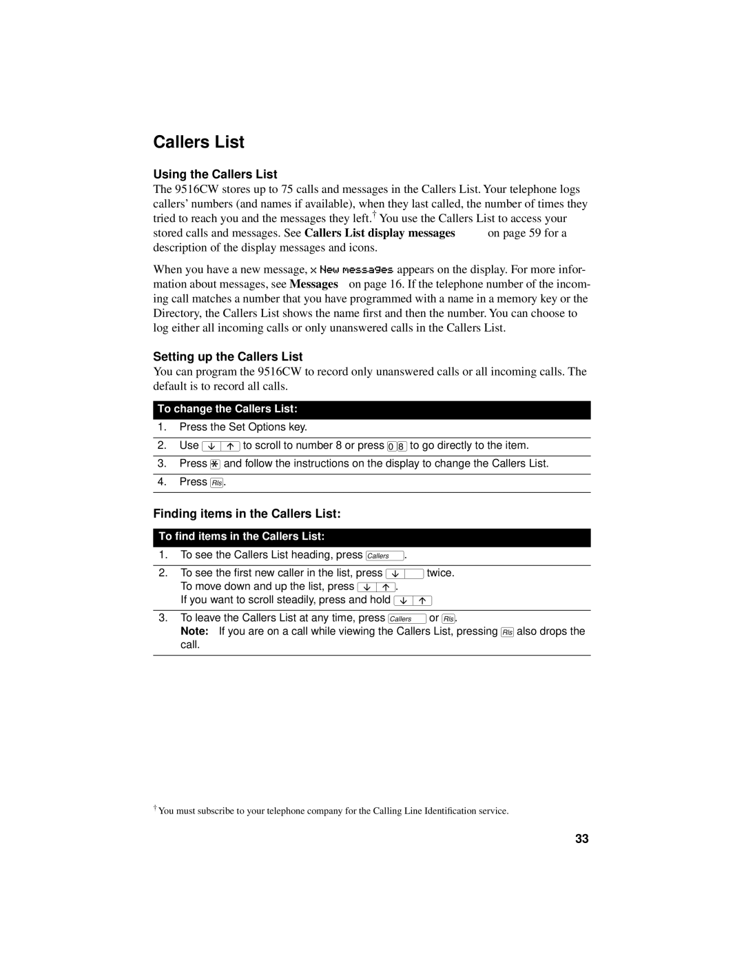 Aastra Telecom 9516CW manual Using the Callers List, Setting up the Callers List, Finding items in the Callers List 