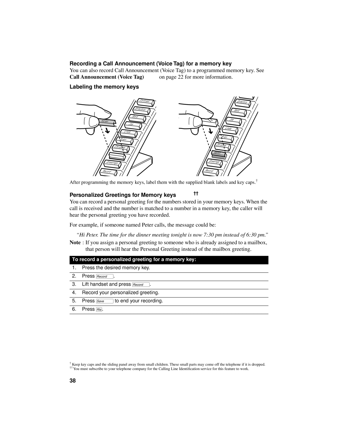 Aastra Telecom 9516CW manual Recording a Call Announcement Voice Tag for a memory key, Labeling the memory keys 