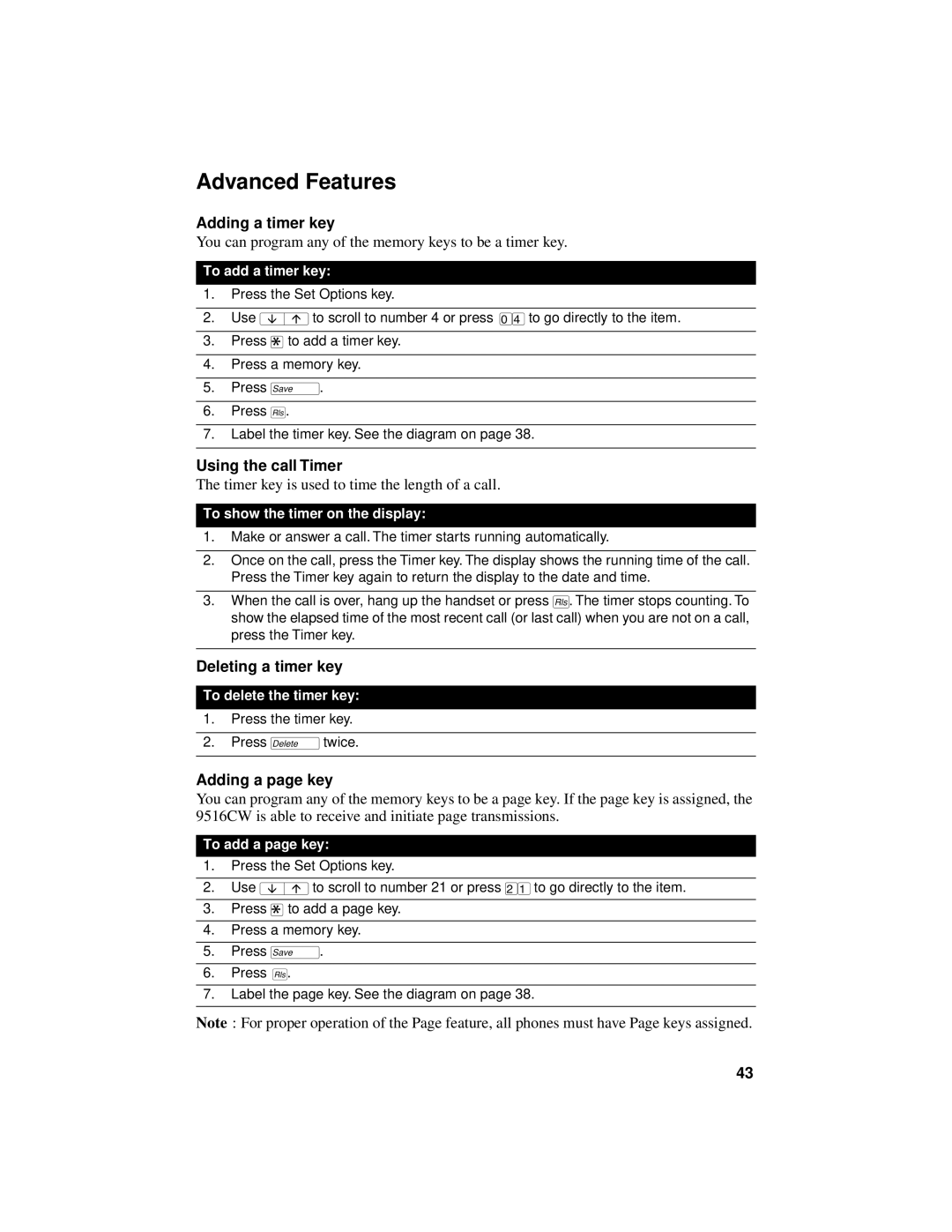 Aastra Telecom 9516CW Advanced Features, Adding a timer key, Using the call Timer, Deleting a timer key, Adding a page key 