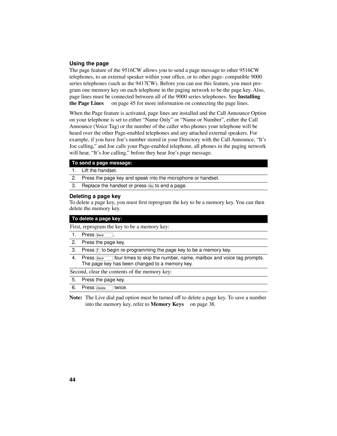 Aastra Telecom 9516CW manual Using, Deleting a page key, To send a page message, To delete a page key 