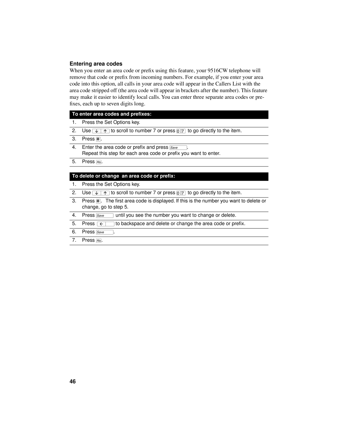 Aastra Telecom 9516CW Entering area codes, To enter area codes and prefixes, To delete or change an area code or prefix 