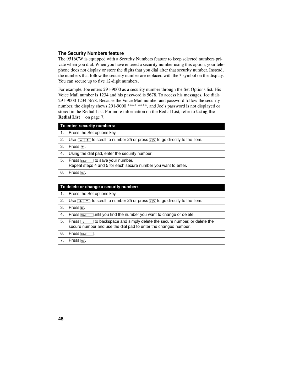 Aastra Telecom 9516CW manual Security Numbers feature, To enter security numbers, To delete or change a security number 