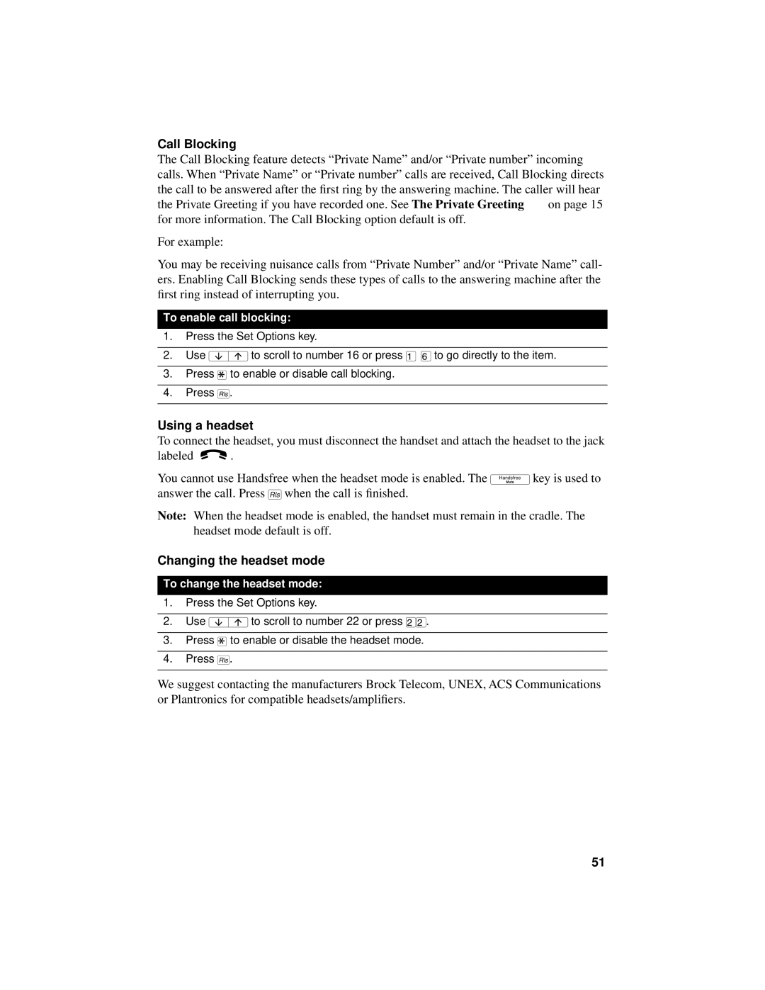 Aastra Telecom 9516CW manual Call Blocking, Using a headset, Changing the headset mode, To enable call blocking 