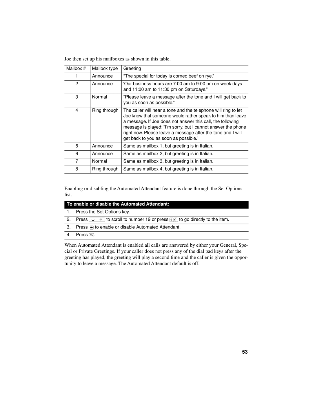 Aastra Telecom 9516CW Joe then set up his mailboxes as shown in this table, To enable or disable the Automated Attendant 