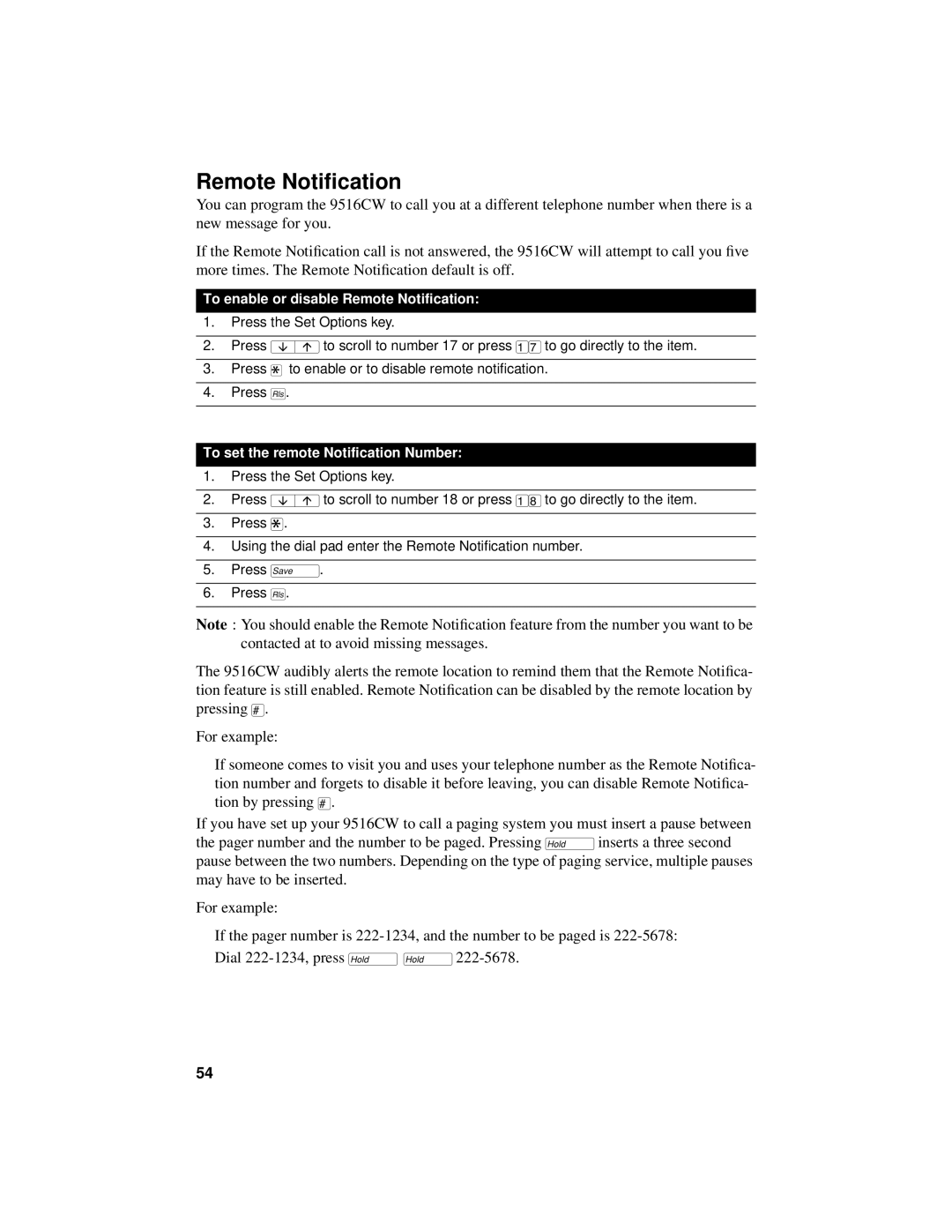 Aastra Telecom 9516CW Remote Notiﬁcation, To enable or disable Remote Notification, To set the remote Notification Number 