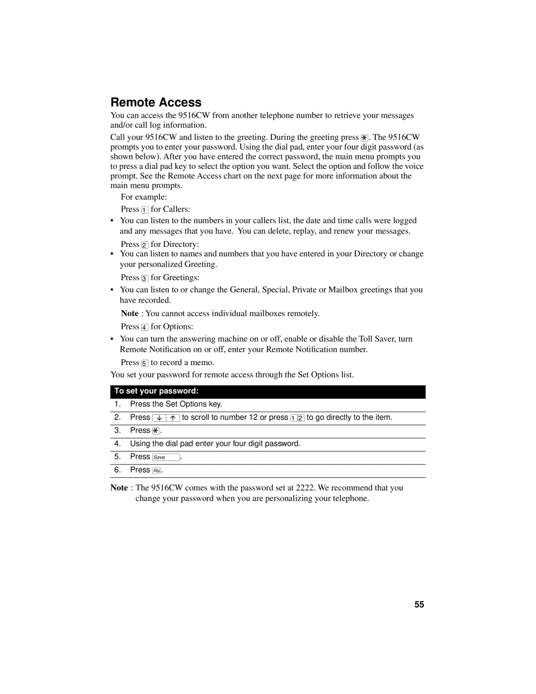 Aastra Telecom 9516CW manual Remote Access, To set your password 