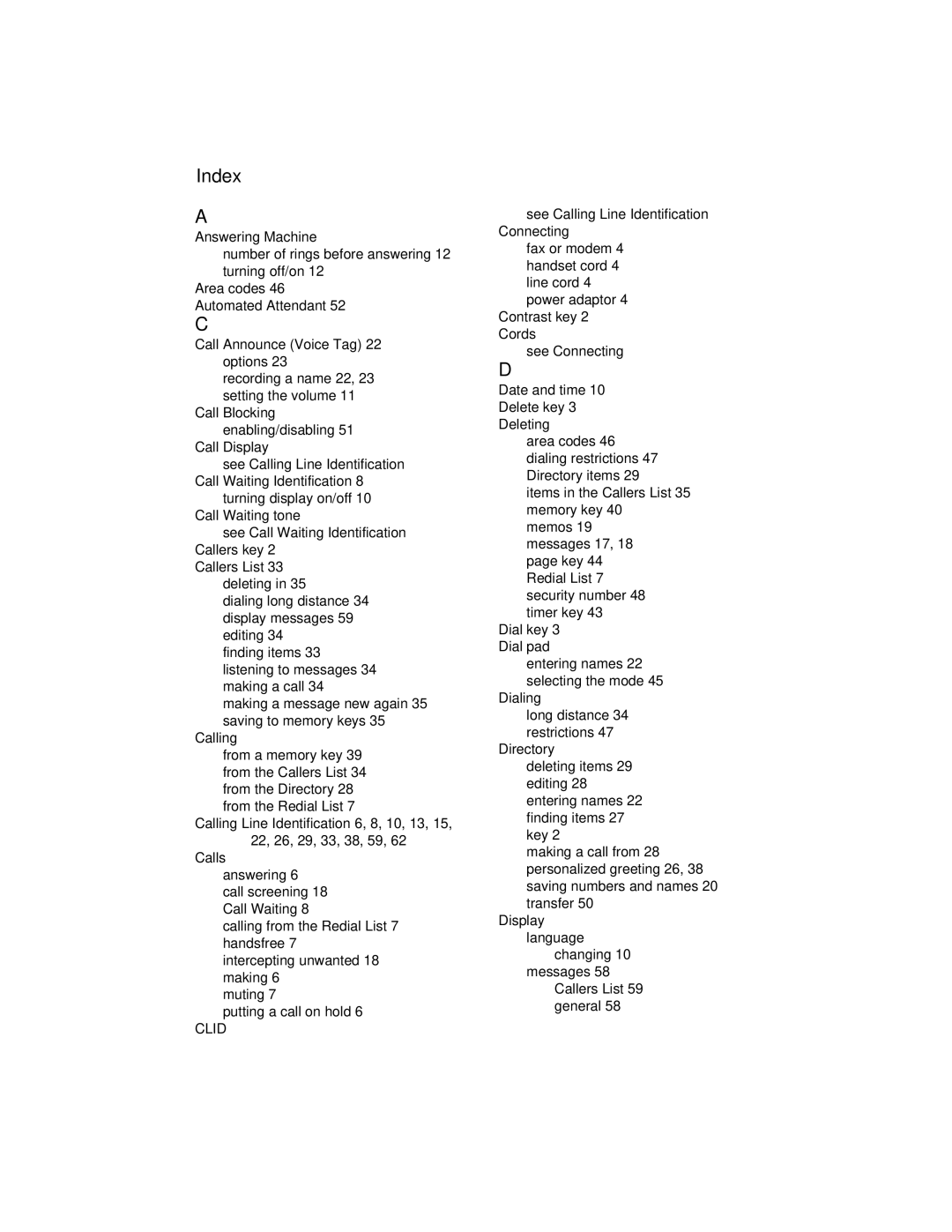 Aastra Telecom 9516CW manual Index 