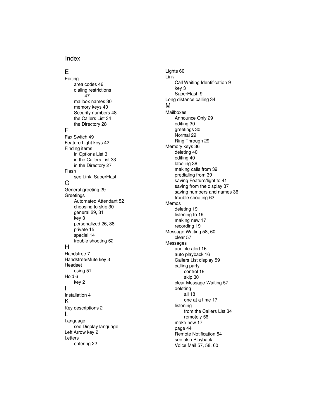 Aastra Telecom 9516CW manual Index 