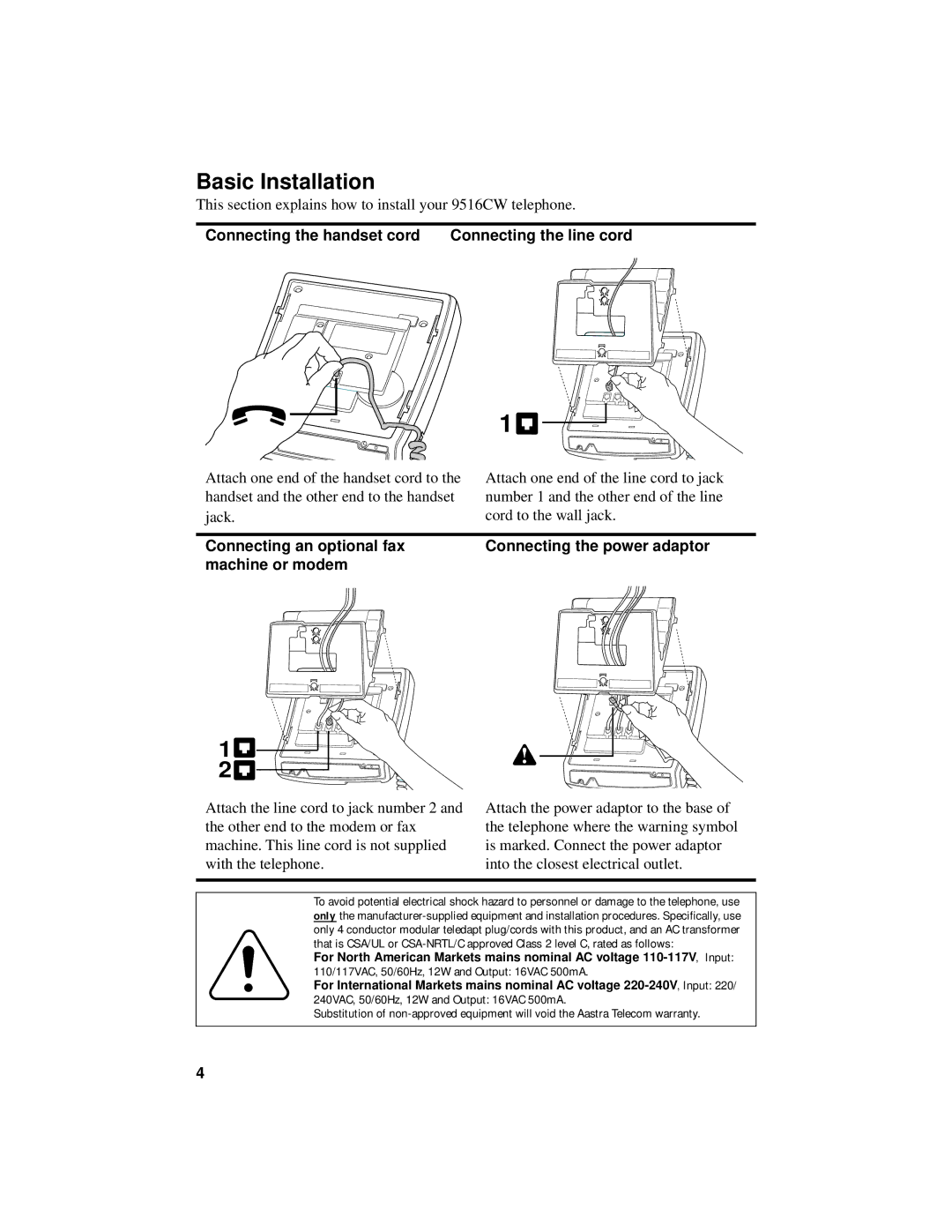 Aastra Telecom 9516CW Basic Installation, Connecting the handset cord Connecting the line cord, Connecting an optional fax 