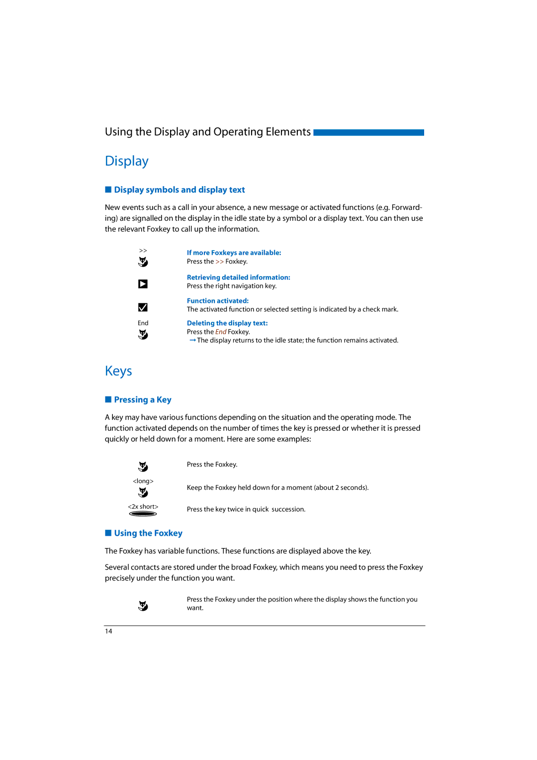 Aastra Telecom 2025, A300, A150, 2065, 2045 manual Keys, Display symbols and display text, Pressing a Key, Using the Foxkey 