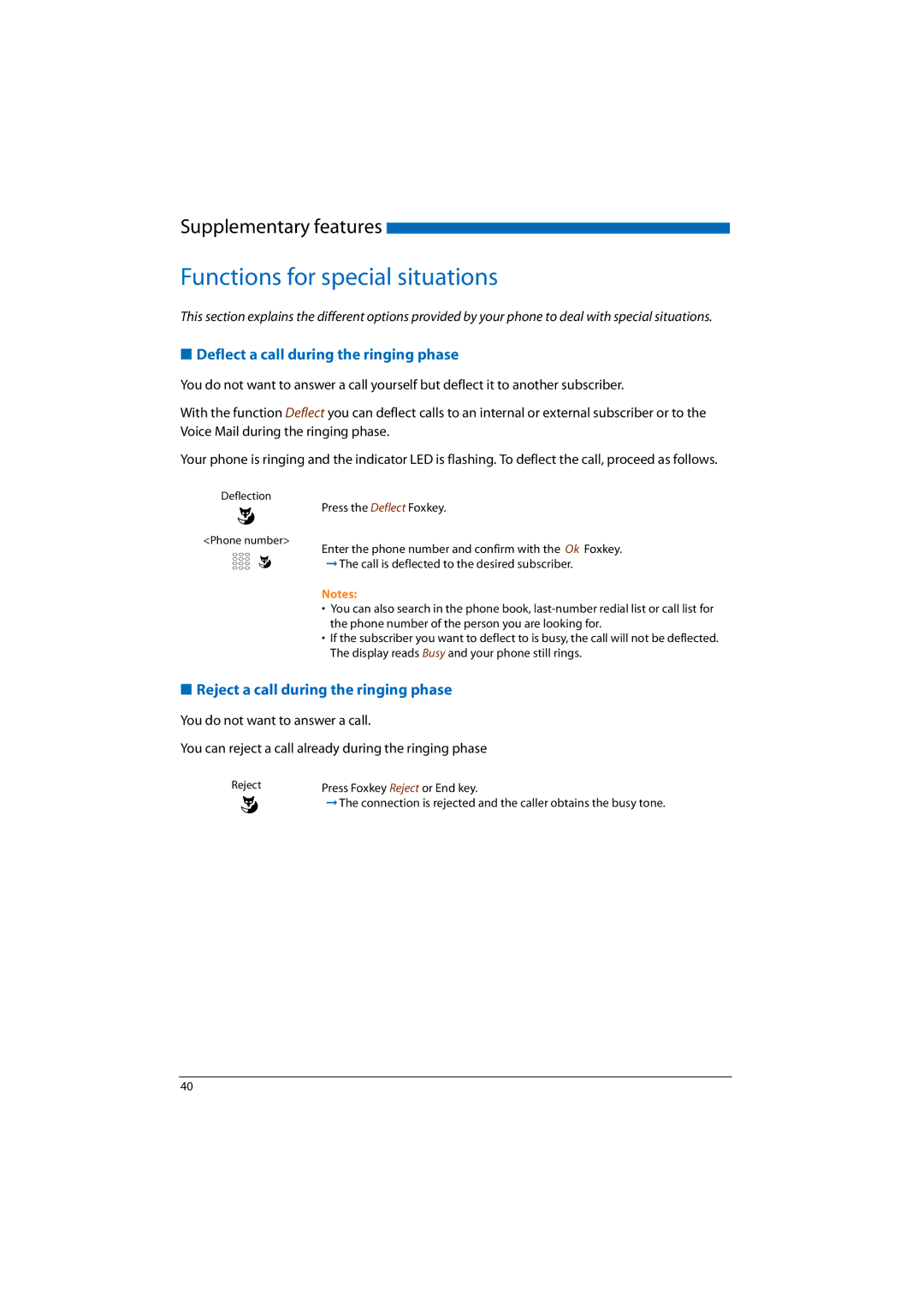 Aastra Telecom A300, A150, 2065, 2045, 2025 manual Functions for special situations, Deflect a call during the ringing phase 