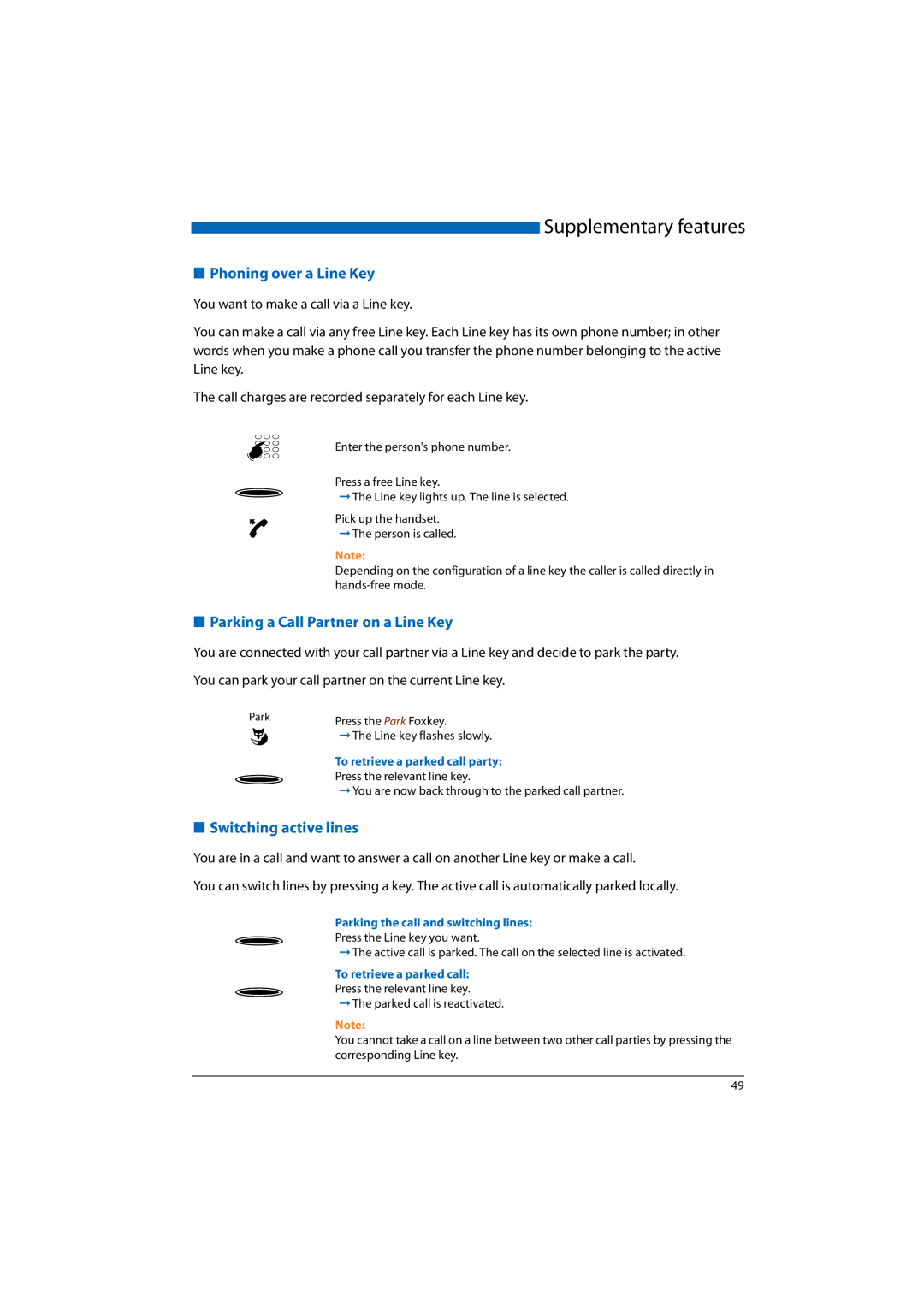 Aastra Telecom 2025, A300, A150, 2065 Phoning over a Line Key, Parking a Call Partner on a Line Key, Switching active lines 