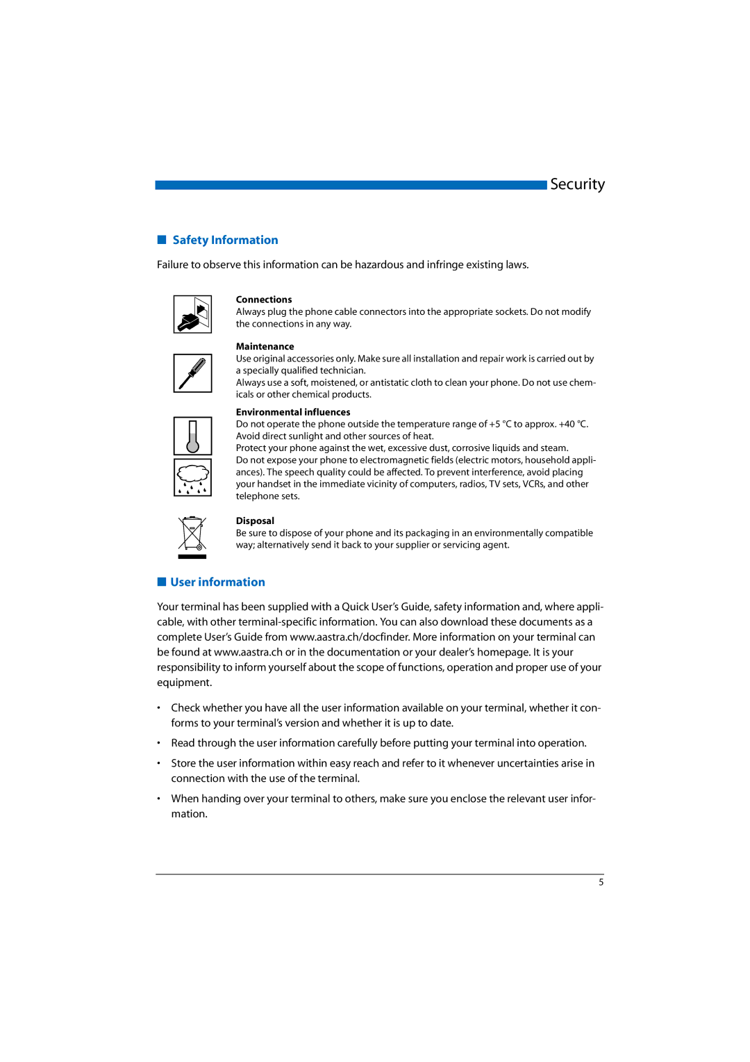 Aastra Telecom A300, A150, 2065, 2045, 2025 manual Safety Information, User information, Disposal 