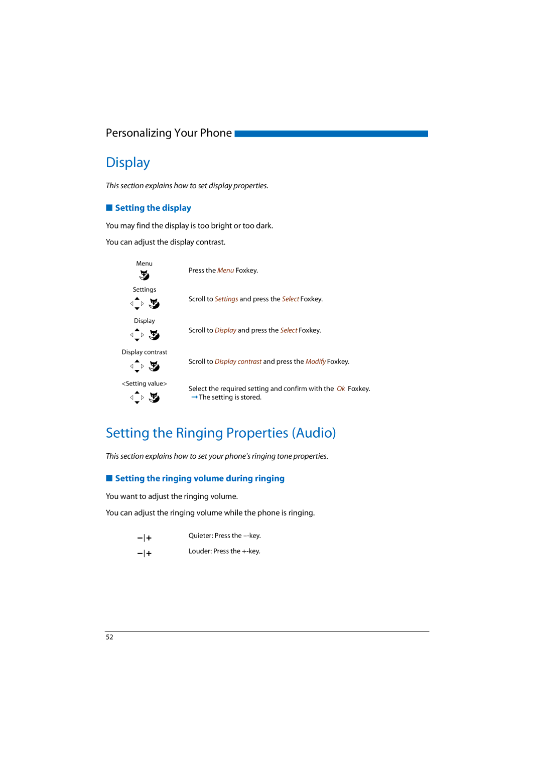 Aastra Telecom 2065 Setting the Ringing Properties Audio, Setting the display, Setting the ringing volume during ringing 