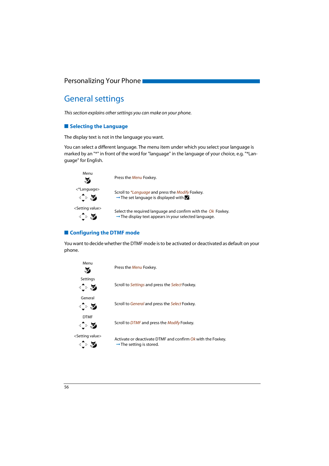 Aastra Telecom A150, A300, 2065, 2045, 2025 manual General settings, Selecting the Language, Configuring the Dtmf mode 