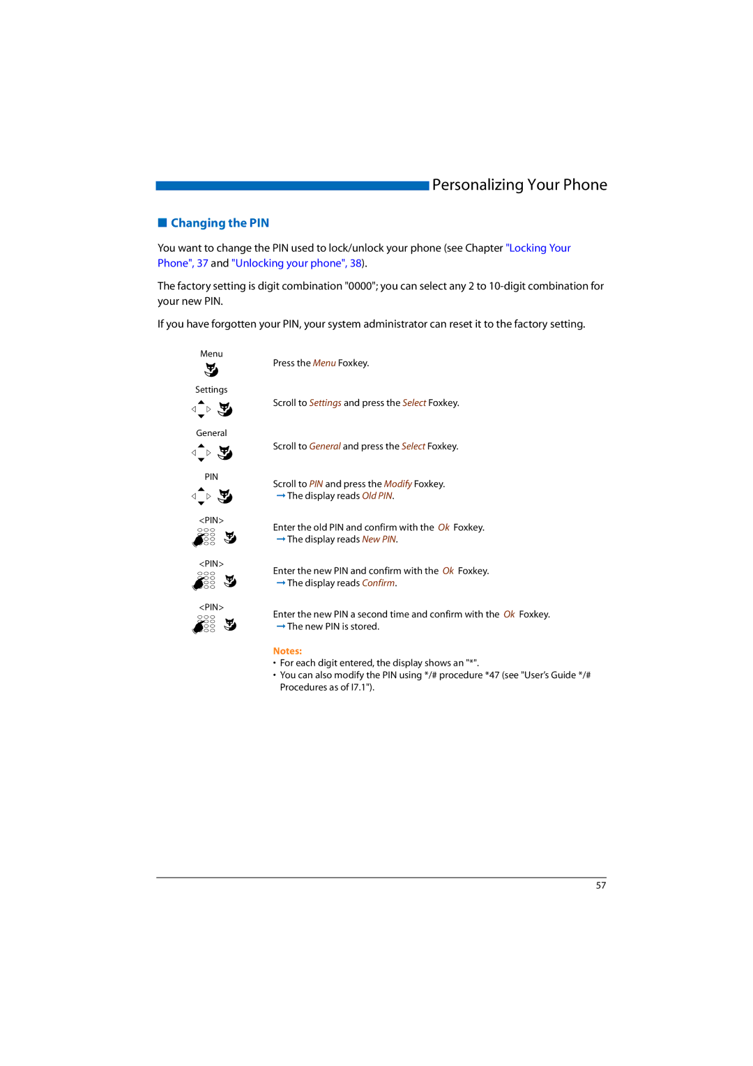 Aastra Telecom 2065, A300, A150, 2045, 2025 manual Changing the PIN 