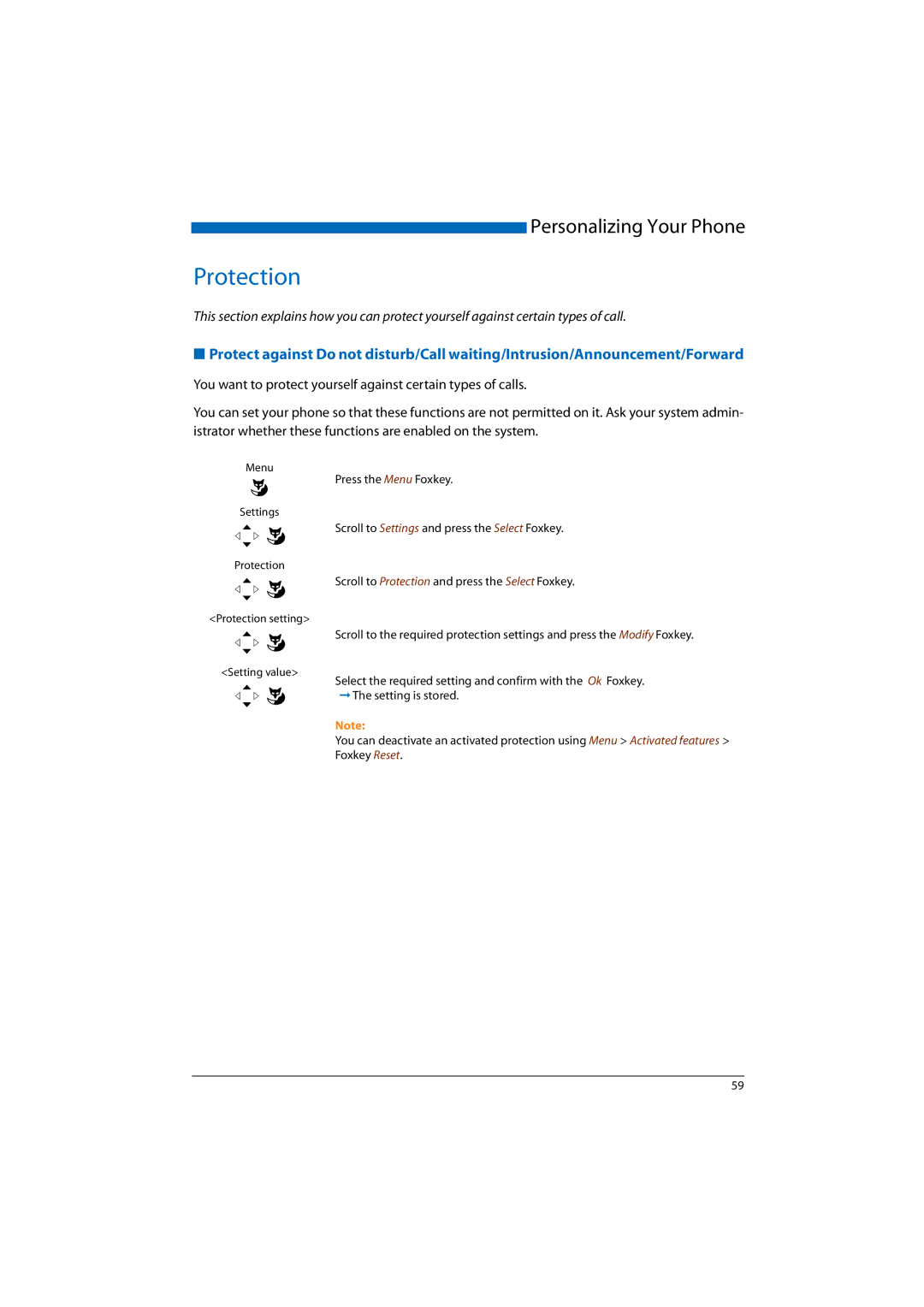 Aastra Telecom 2025, A300, A150, 2065, 2045 manual Scroll to Protection and press the Select Foxkey 