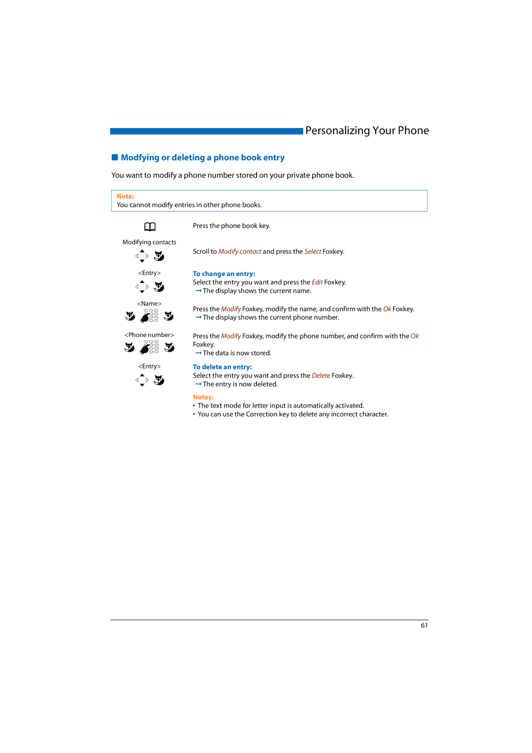 Aastra Telecom A150, A300, 2065, 2045, 2025 Modfying or deleting a phone book entry, To change an entry, To delete an entry 