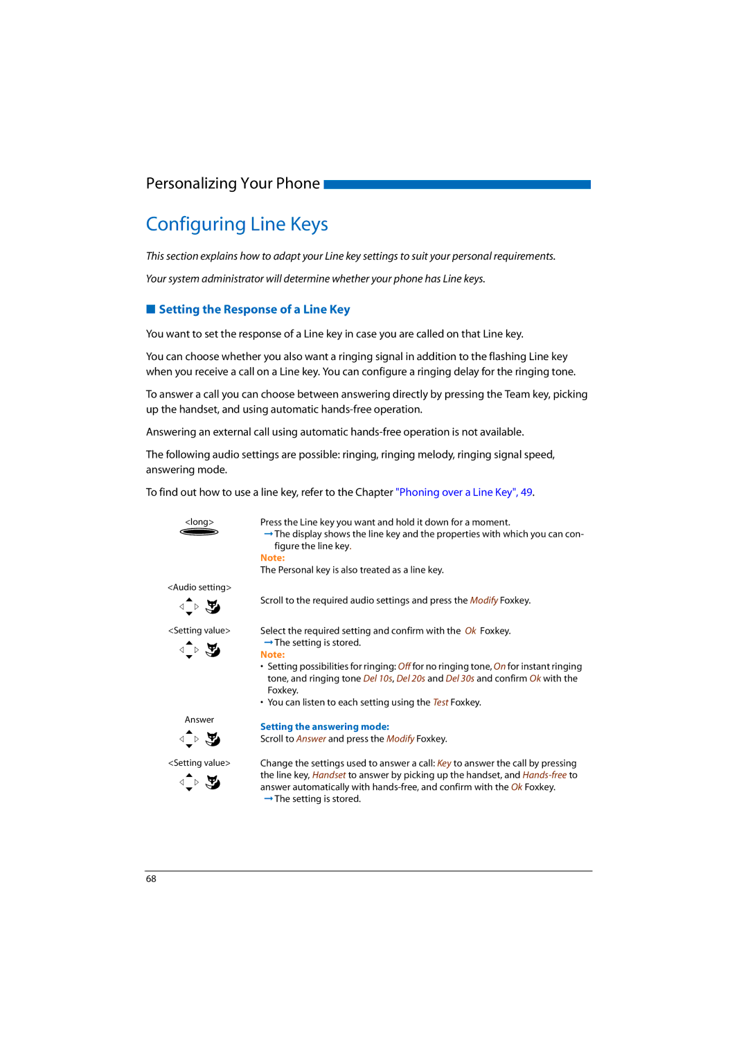 Aastra Telecom 2045 Configuring Line Keys, Setting the Response of a Line Key, Personal key is also treated as a line key 