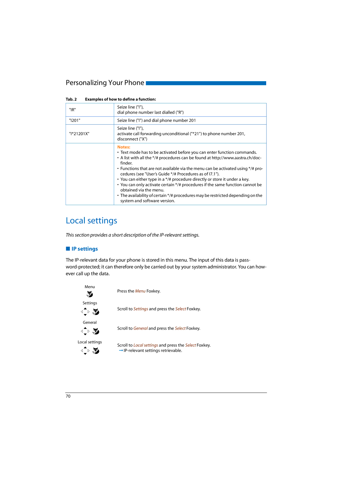 Aastra Telecom A300, A150, 2065, 2045, 2025 manual Local settings, IP settings 