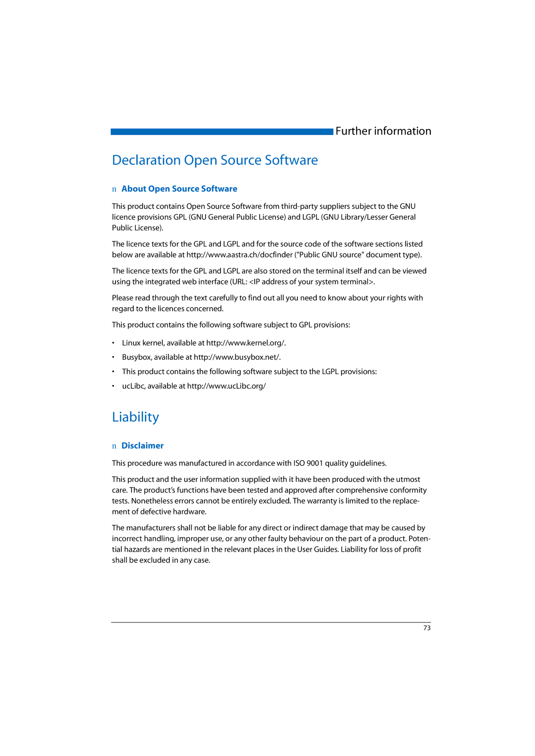 Aastra Telecom 2045, A300, A150, 2065 Declaration Open Source Software, Liability, About Open Source Software, Disclaimer 