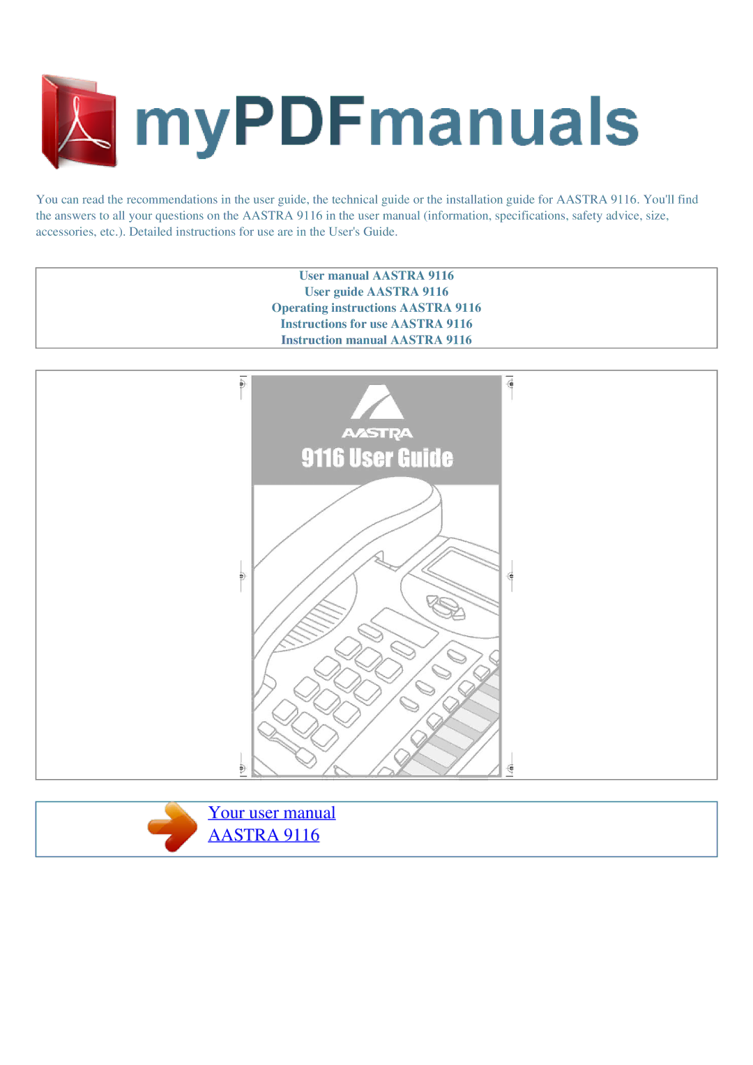 Aastra Telecom AASTRA 9116 user manual Aastra 