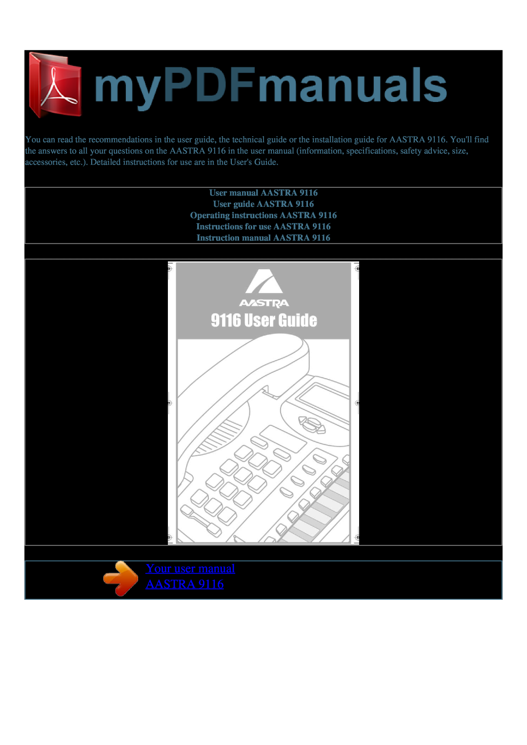 Aastra Telecom AASTRA 9116 user manual User manual AASTRA User guide AASTRA Operating instructions AASTRA 