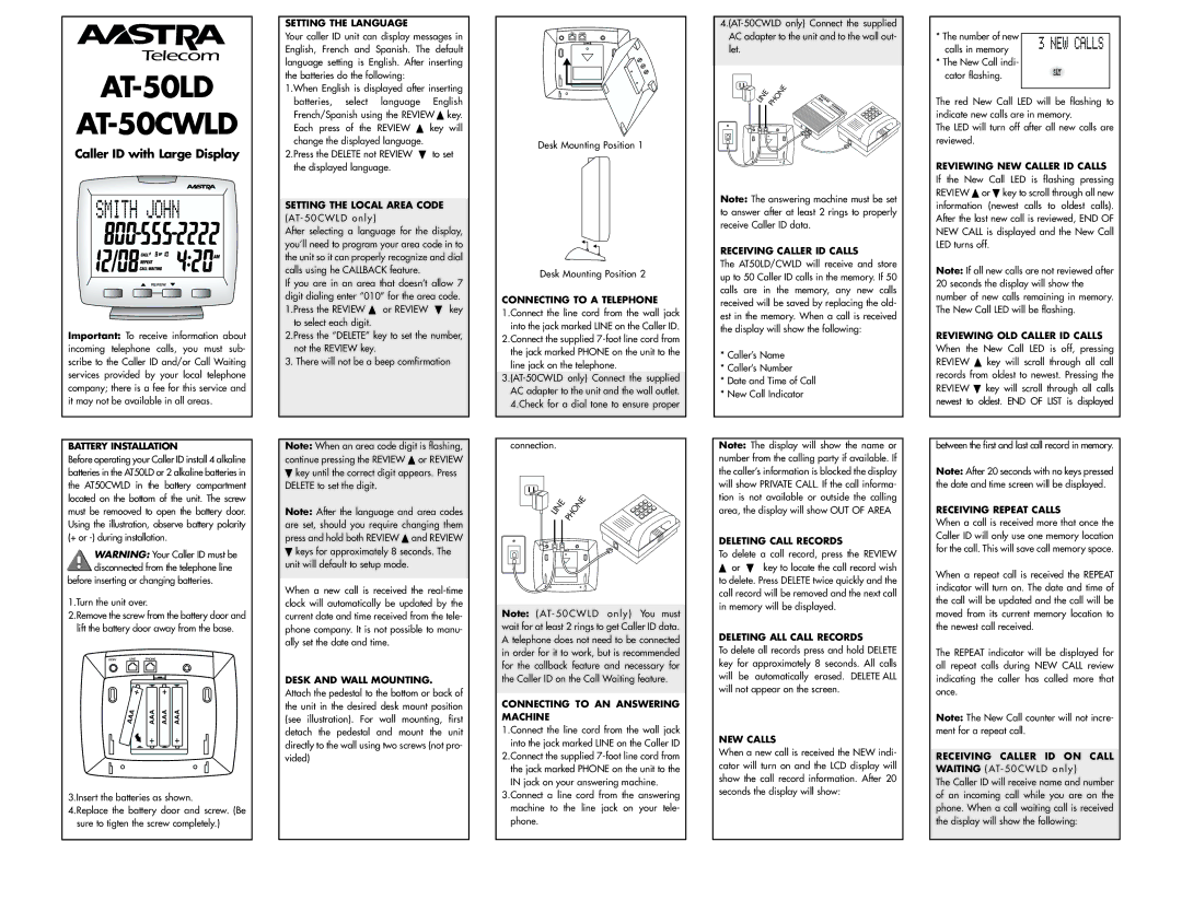 Aastra Telecom AT-50LD manual Battery Installation, Setting the Language, Connecting to AN Answering Machine, NEW Calls 