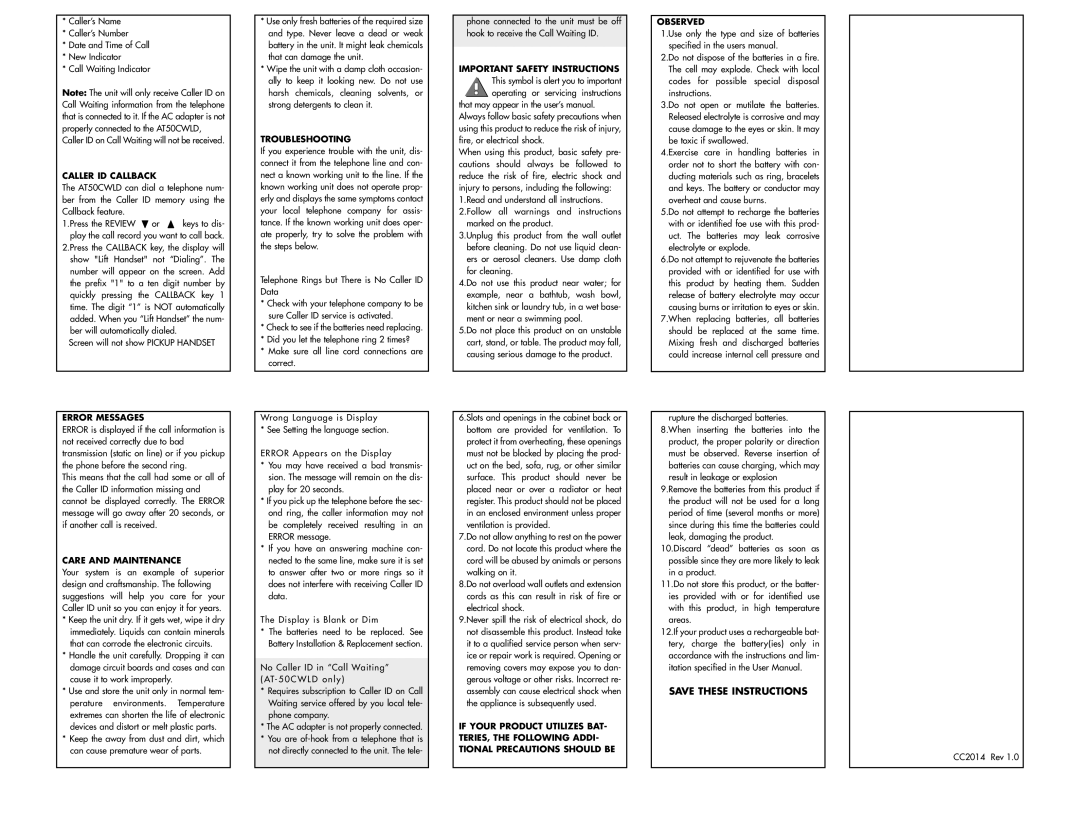 Aastra Telecom AT-50CWLD, AT-50LD manual Caller ID Callback, Error Messages, Care and Maintenance, Troubleshooting 