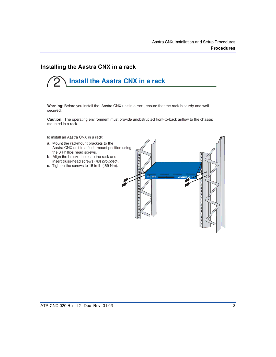 Aastra Telecom ATP-CNX-020 setup guide Install the Aastra CNX in a rack, Installing the Aastra CNX in a rack 