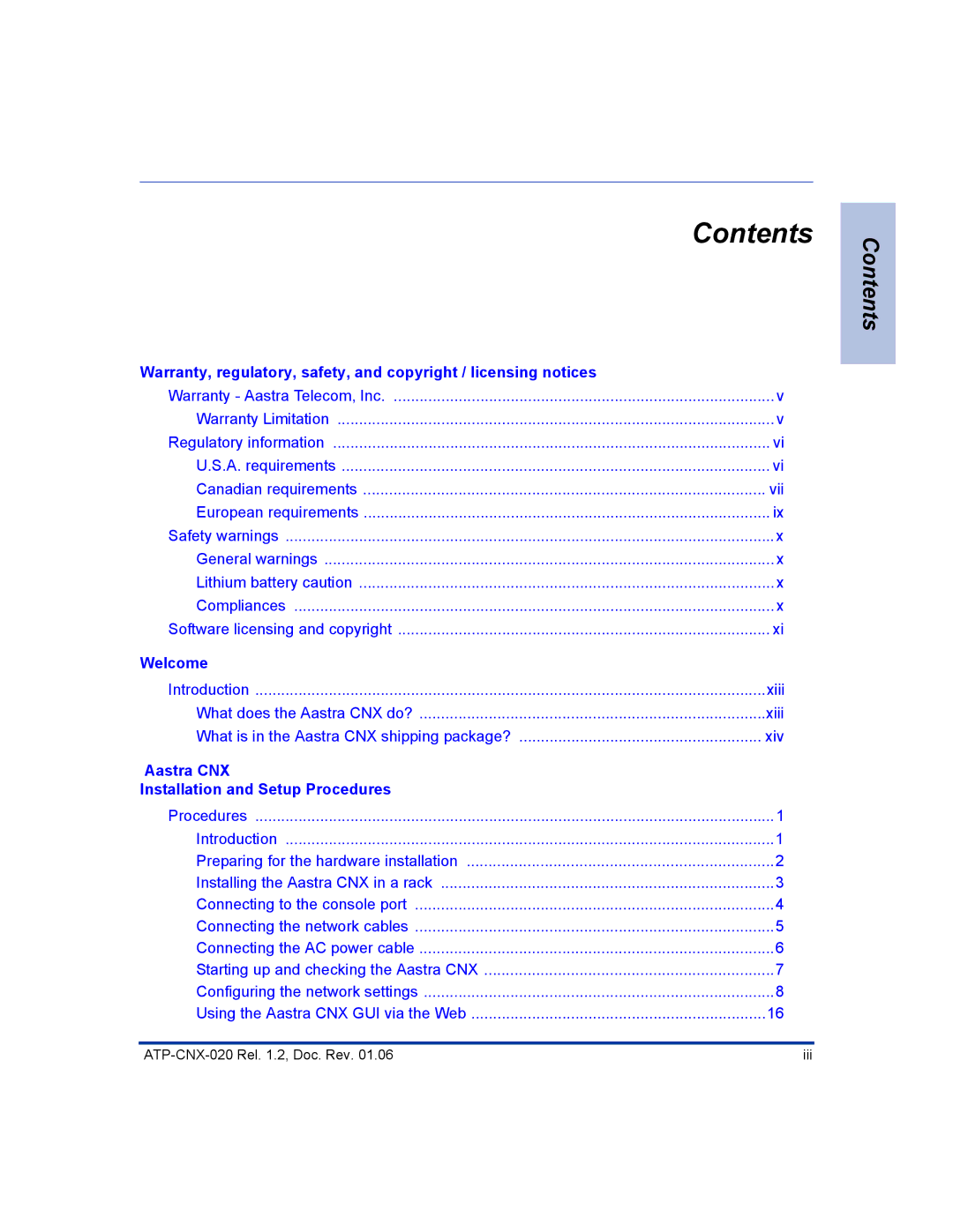 Aastra Telecom ATP-CNX-020 setup guide Contents 