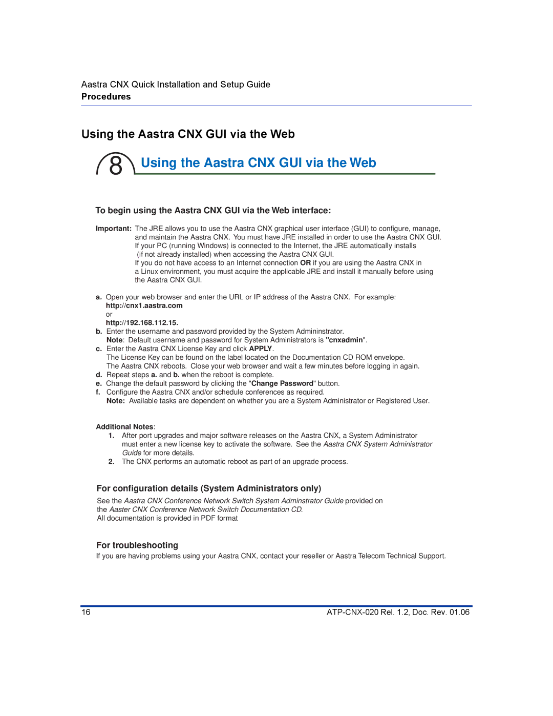 Aastra Telecom ATP-CNX-020 setup guide Using the Aastra CNX GUI via the Web 