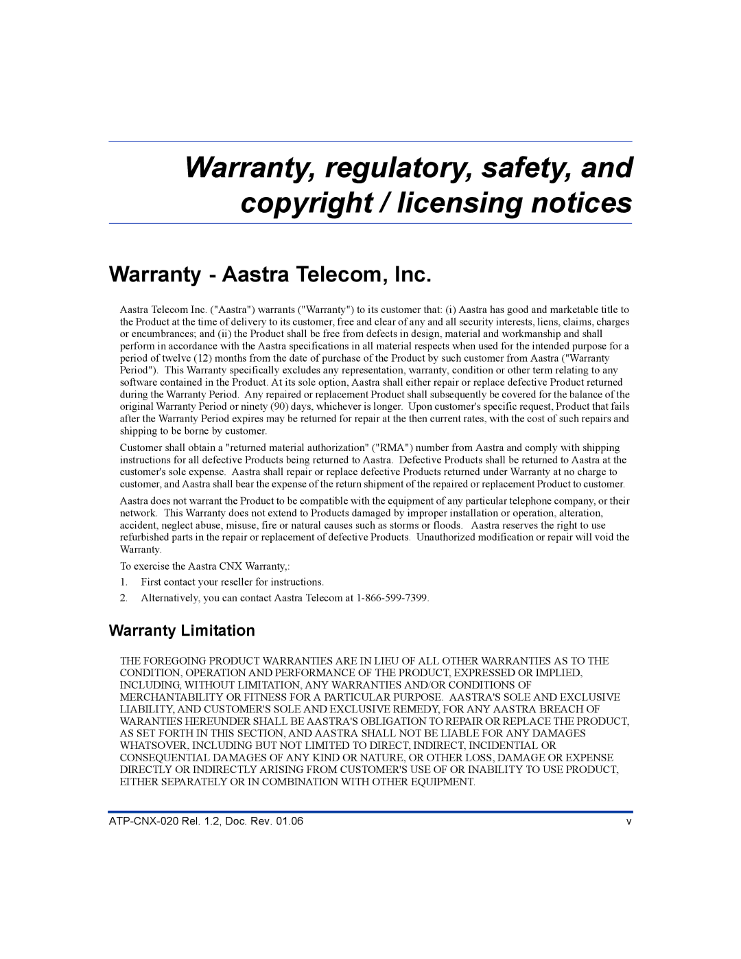 Aastra Telecom ATP-CNX-020 setup guide Warranty Aastra Telecom, Inc, Warranty Limitation 