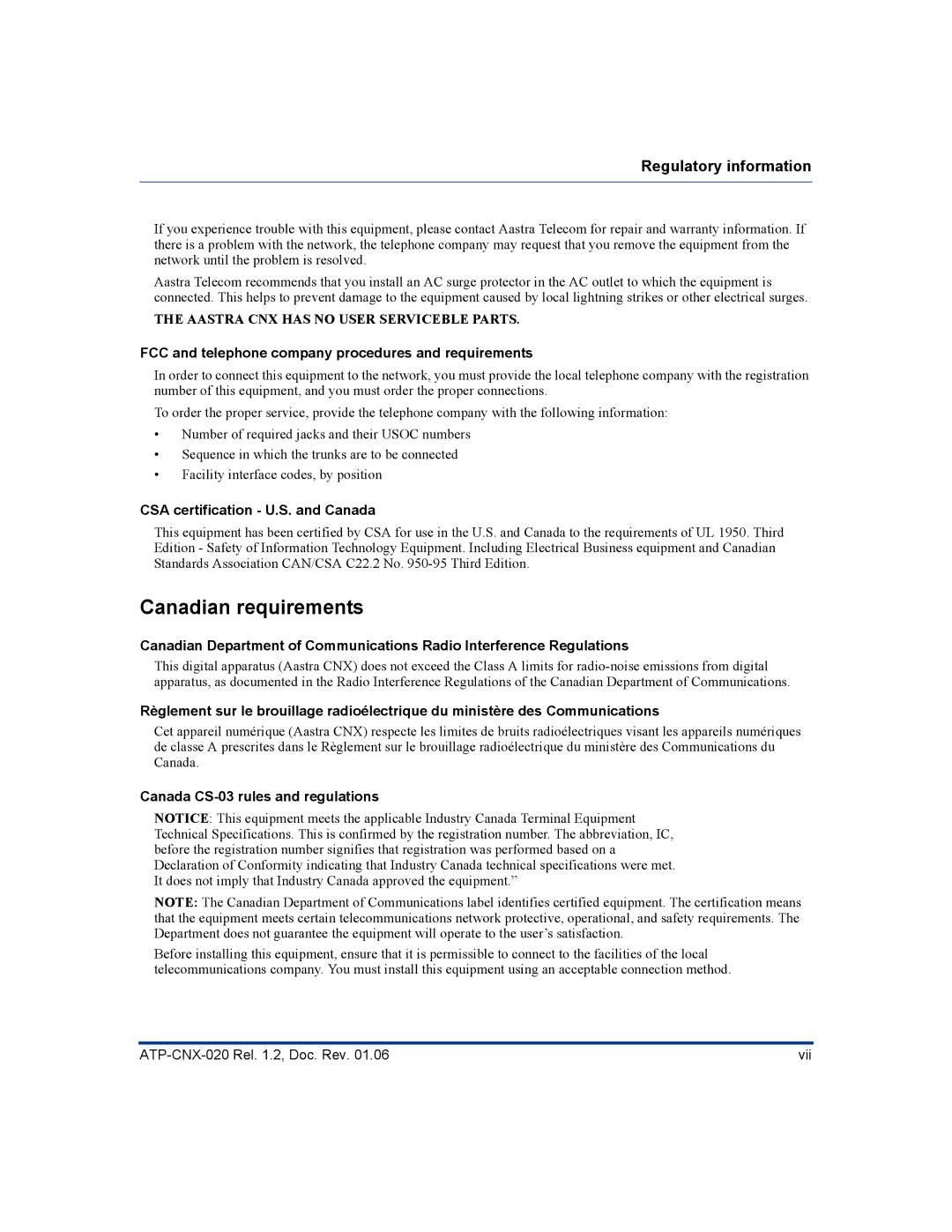 Aastra Telecom ATP-CNX-020 setup guide Canadian requirements, FCC and telephone company procedures and requirements 