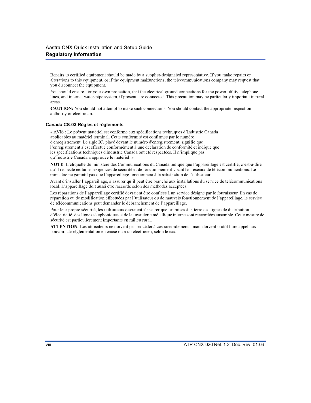 Aastra Telecom ATP-CNX-020 setup guide Canada CS-03 Règles et règlements 