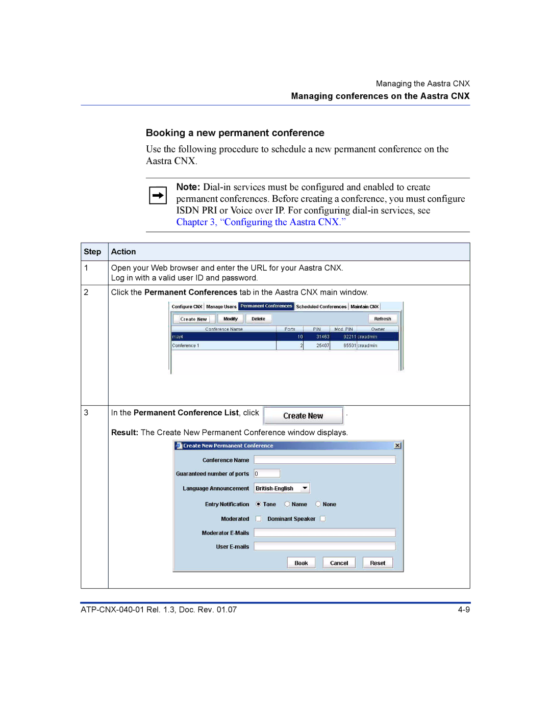 Aastra Telecom ATP-CNX-040-01 manual Booking a new permanent conference, Permanent Conference List, click 