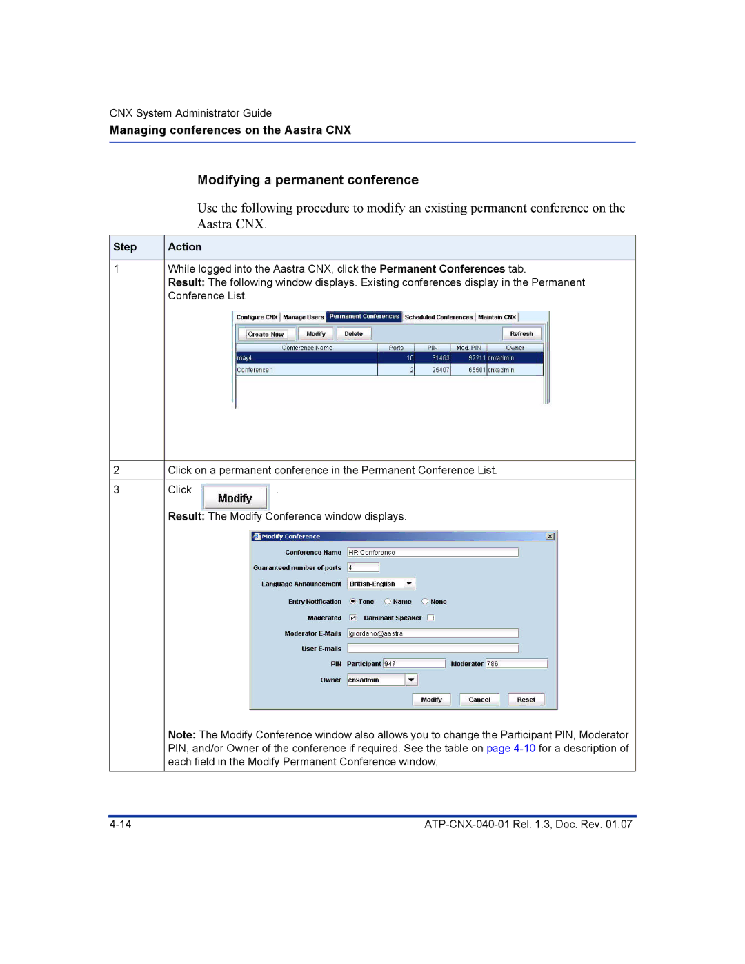 Aastra Telecom ATP-CNX-040-01 manual Modifying a permanent conference 