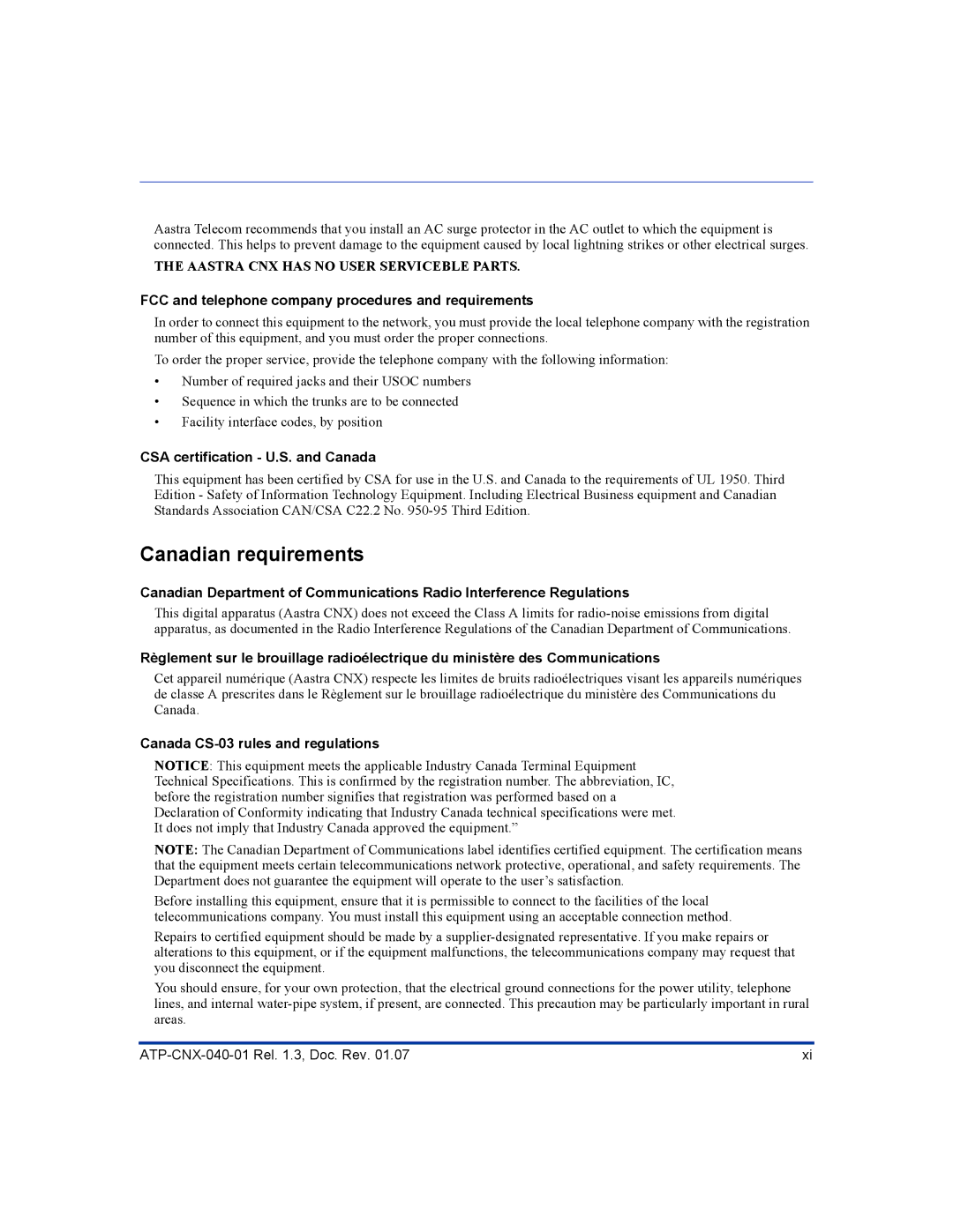 Aastra Telecom ATP-CNX-040-01 manual Canadian requirements, FCC and telephone company procedures and requirements 