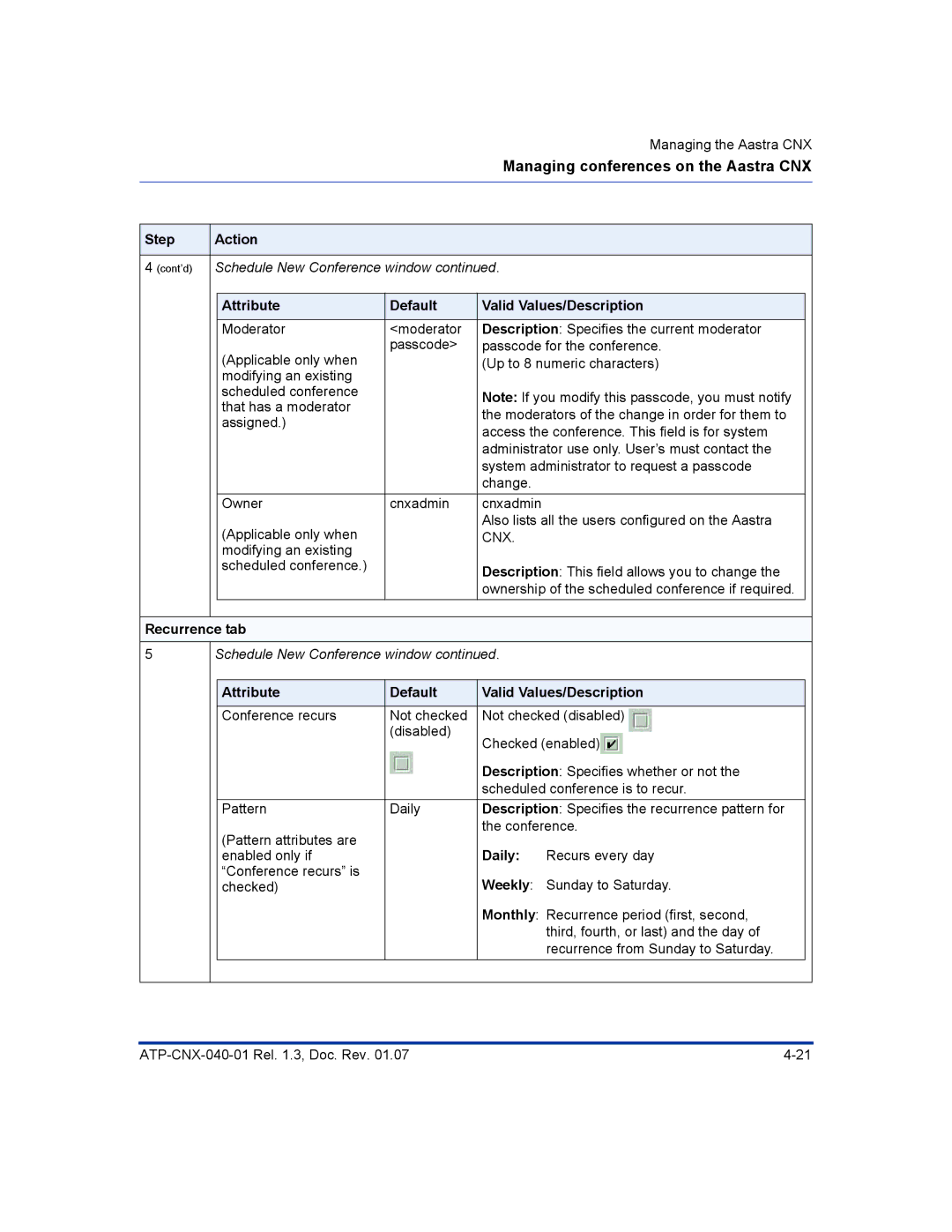 Aastra Telecom ATP-CNX-040-01 manual Recurrence tab, Daily, Weekly 