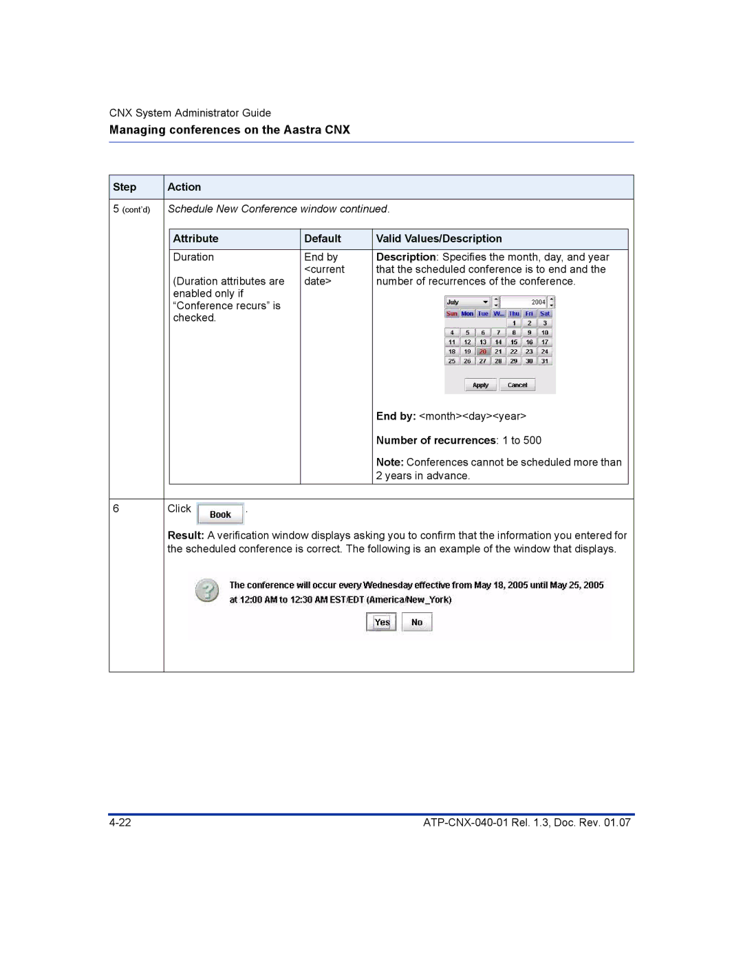 Aastra Telecom ATP-CNX-040-01 manual Number of recurrences 1 to, Years in advance Click 