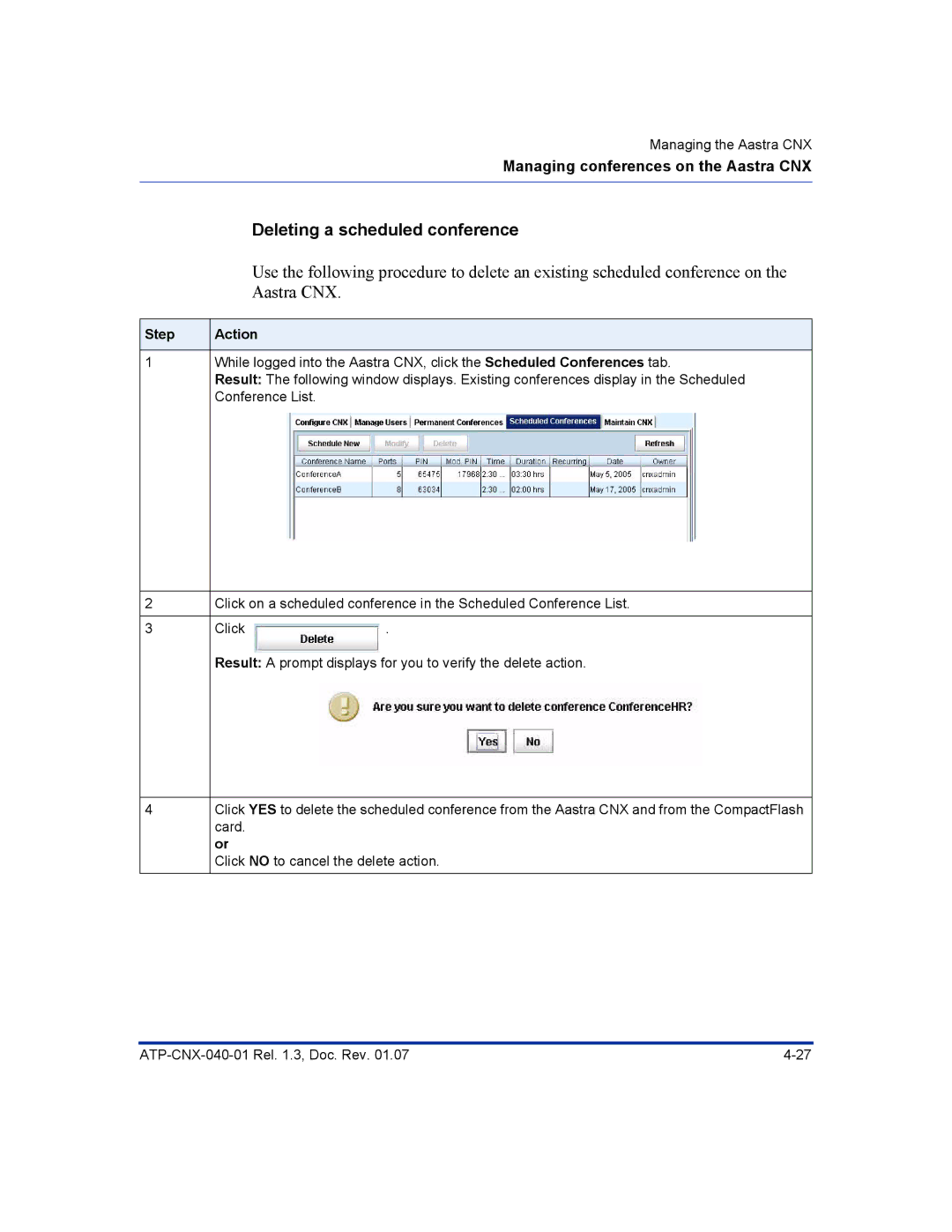 Aastra Telecom ATP-CNX-040-01 manual Deleting a scheduled conference 