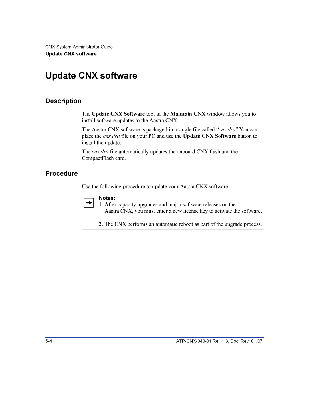 Aastra Telecom ATP-CNX-040-01 manual Update CNX software, Description 