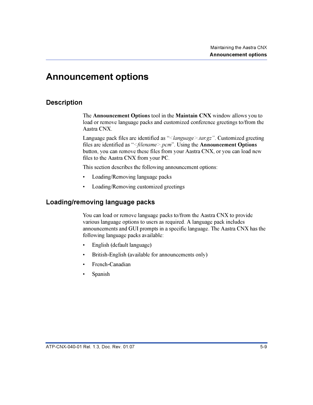 Aastra Telecom ATP-CNX-040-01 manual Announcement options, Loading/removing language packs 