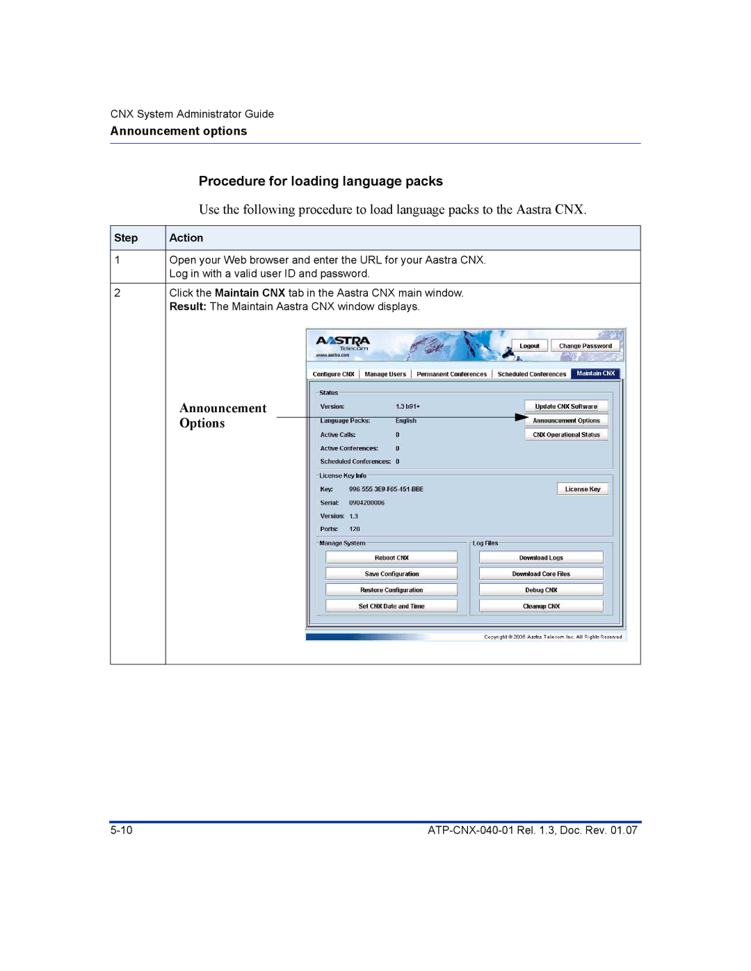 Aastra Telecom ATP-CNX-040-01 manual Procedure for loading language packs, Announcement Options 