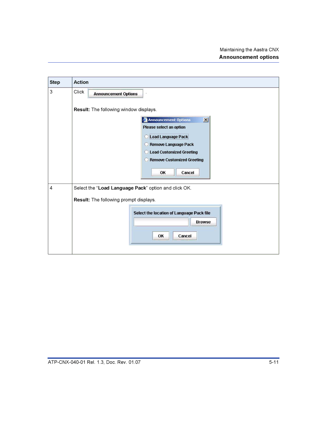 Aastra Telecom ATP-CNX-040-01 manual Announcement options 