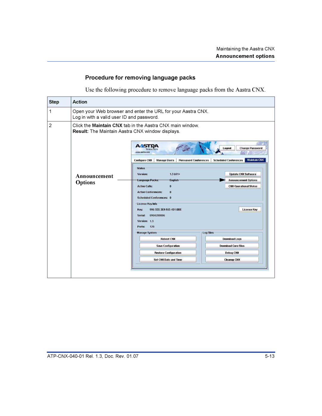 Aastra Telecom ATP-CNX-040-01 manual Procedure for removing language packs 