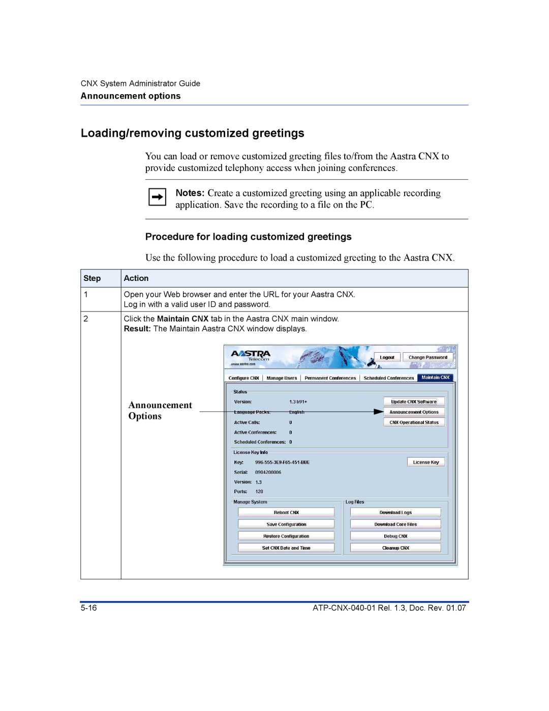 Aastra Telecom ATP-CNX-040-01 manual Loading/removing customized greetings, Procedure for loading customized greetings 