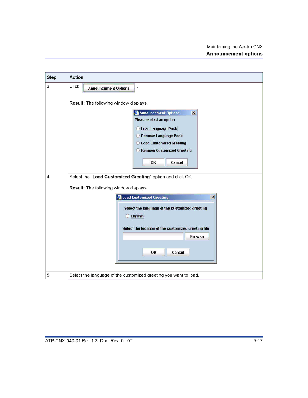 Aastra Telecom ATP-CNX-040-01 manual Announcement options 