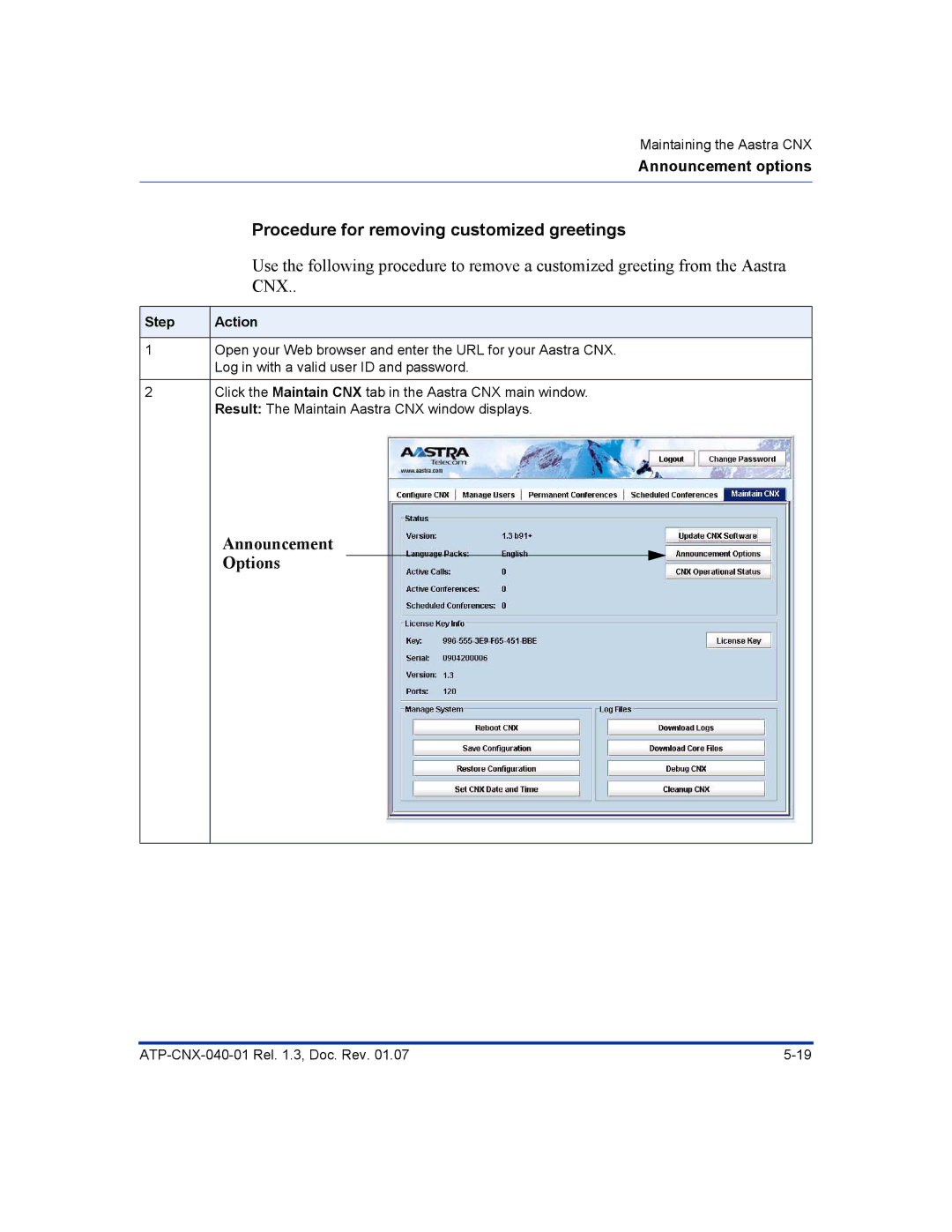 Aastra Telecom ATP-CNX-040-01 manual Procedure for removing customized greetings 