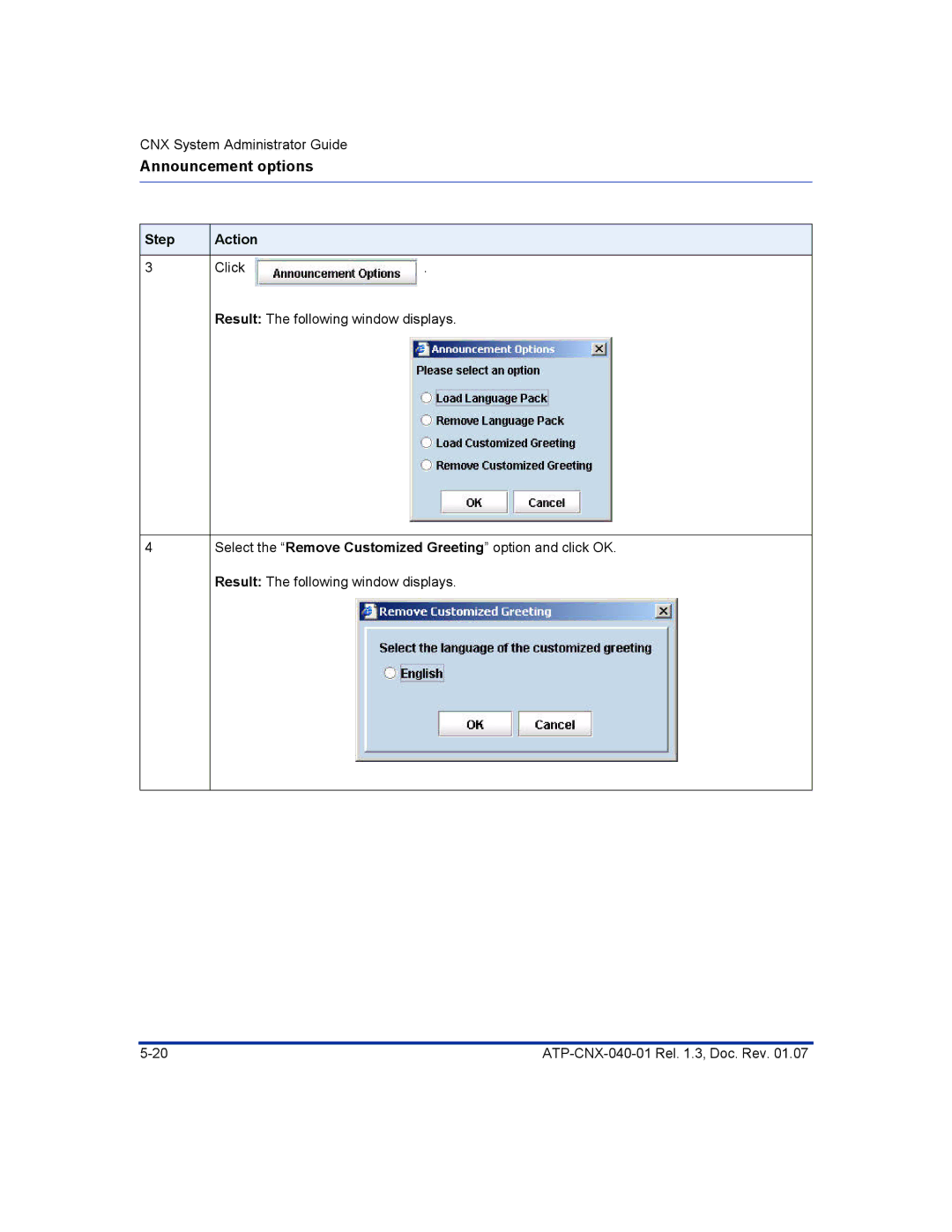 Aastra Telecom ATP-CNX-040-01 manual Announcement options 